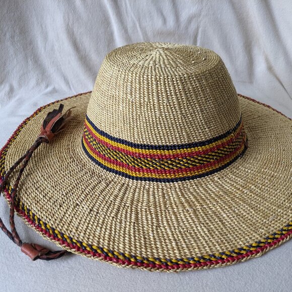 Handwoven Unisex Large Brim Straw Hat with Leather Tethers African Straw Hat - Picture 1 of 9